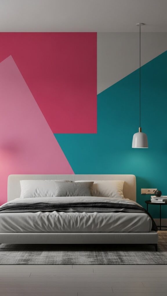 Modern pink and teal color block wallpaper with bold geometric sections
