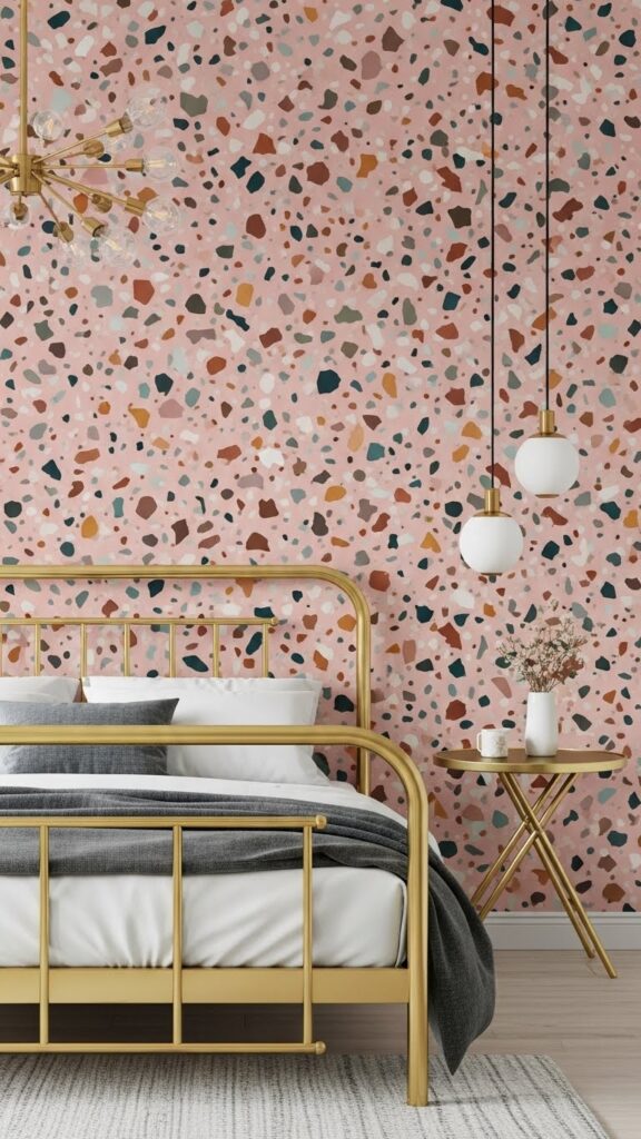 Modern pink terrazzo wallpaper with colorful speckled chip pattern