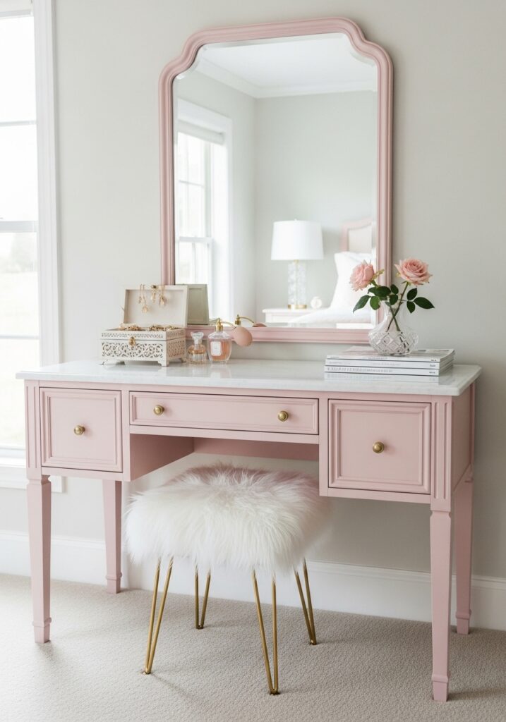 Blush pink painted bedroom vanity with gold hardware and marble countertop