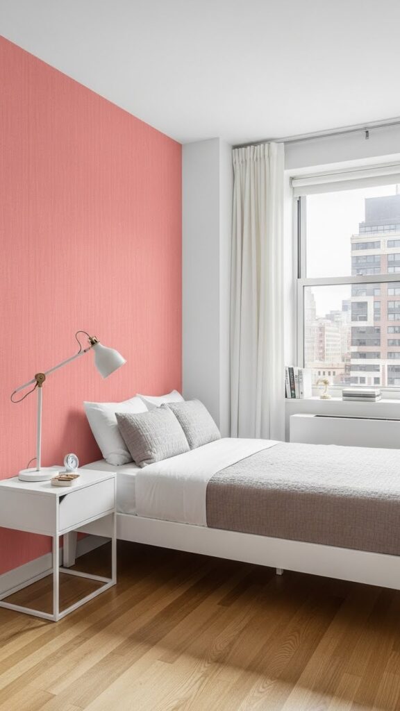 Apartment bedroom with removable peel and stick pink wallpaper