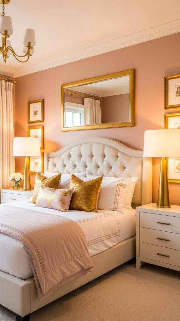 Luxurious bedroom with soft pink wallpaper and elegant gold brass accents
