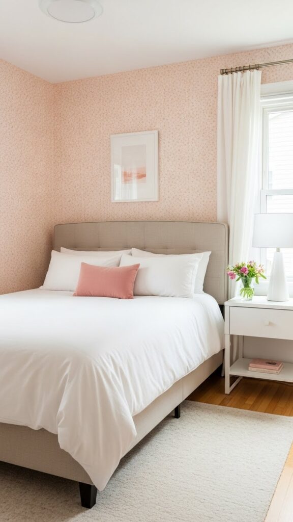 Welcoming guest bedroom with soft pink wallpaper and neutral bedding