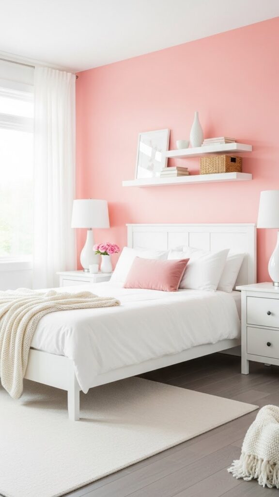 Modern bedroom with pink wallpaper and crisp white furniture creating clean contrast