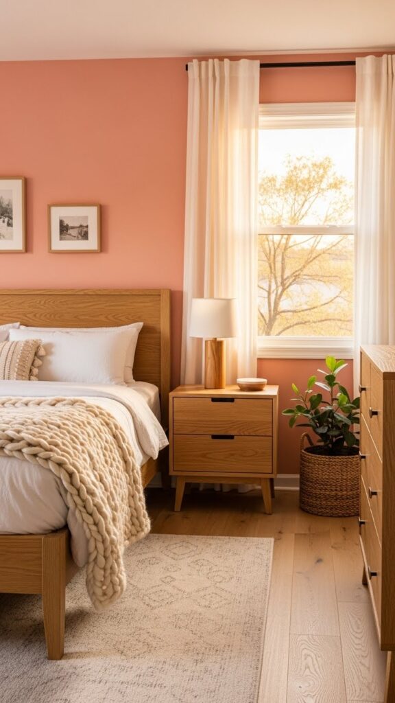 Cozy bedroom with pink wallpaper and warm light oak wooden furniture