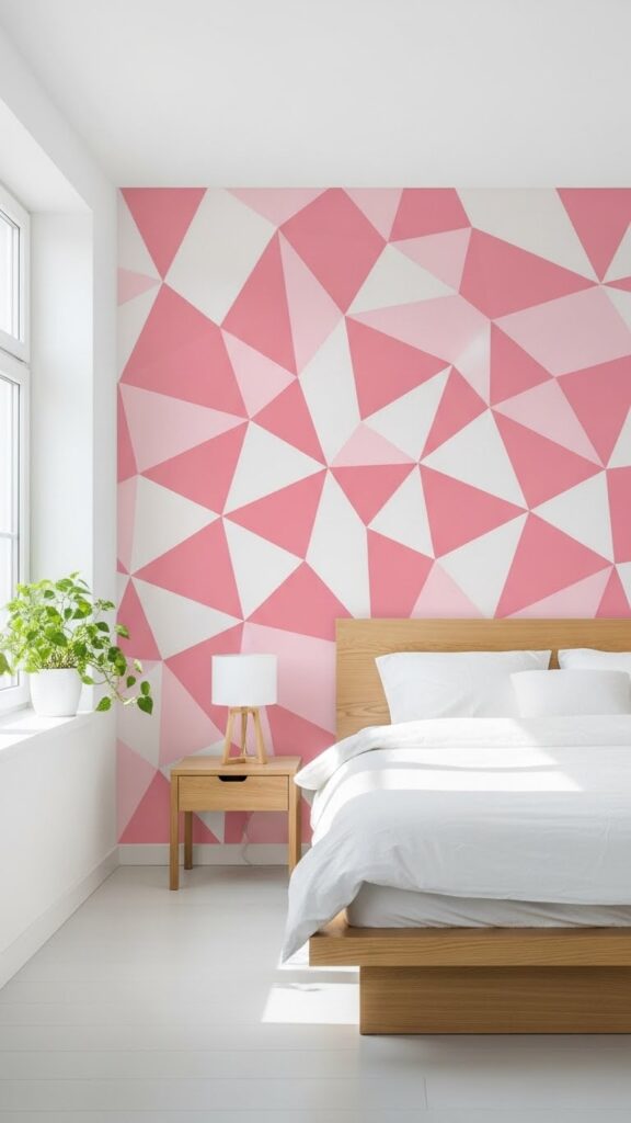  Modern pink and white triangle mosaic wallpaper with geometric tessellated pattern