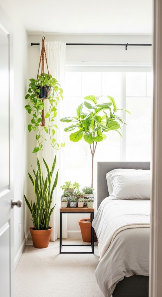 Bedroom interior with multiple indoor plants including snake plant, hanging pothos, and succulents