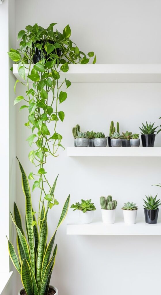 Multiple plants at different heights styled on shelves creating living display