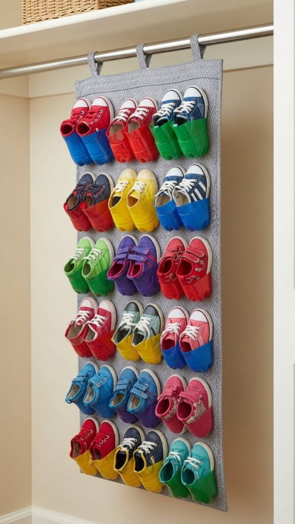 Upcycled plastic bottles creating budget-friendly hanging shoe storage in kids closet