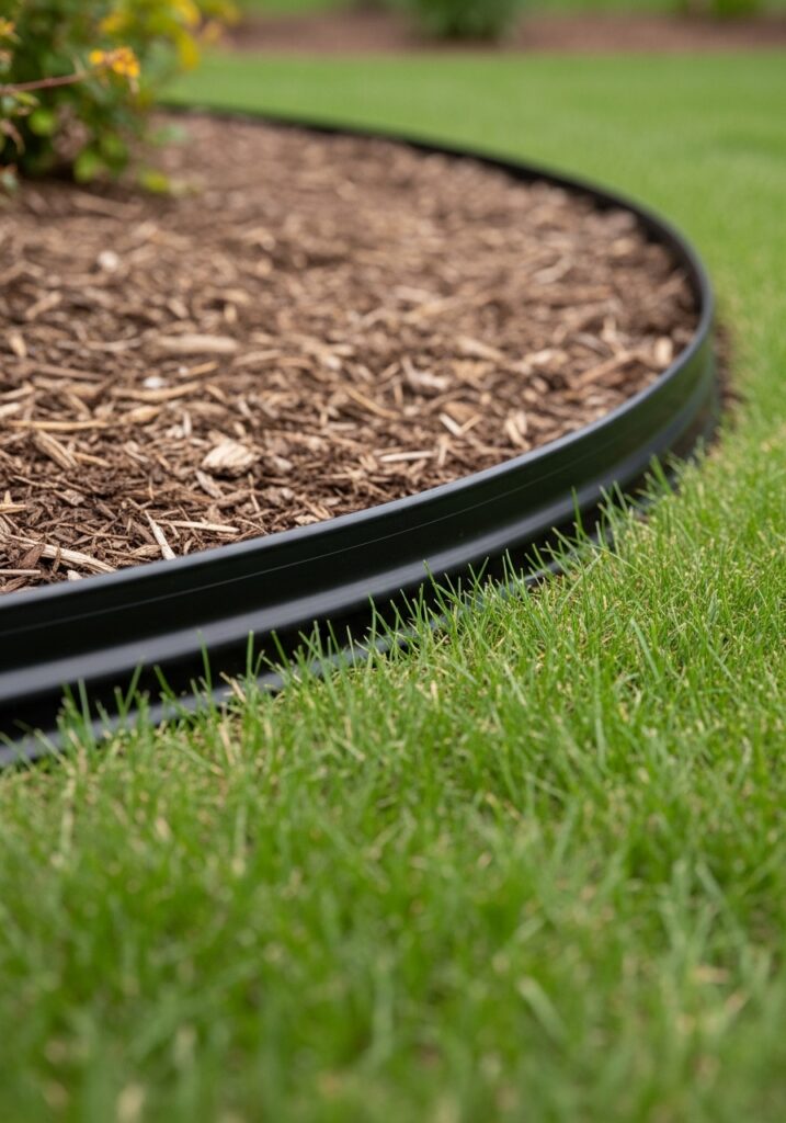 Black plastic landscape edging creating practical invisible garden border