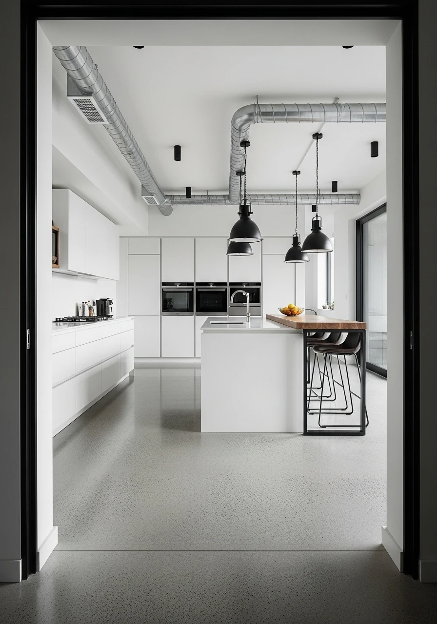 Modern kitchen with polished light gray concrete floors