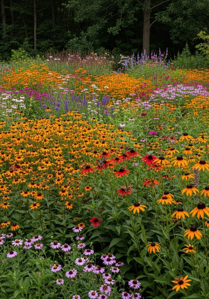 Pollinator garden design with native flowering plants attracting butterflies and bees