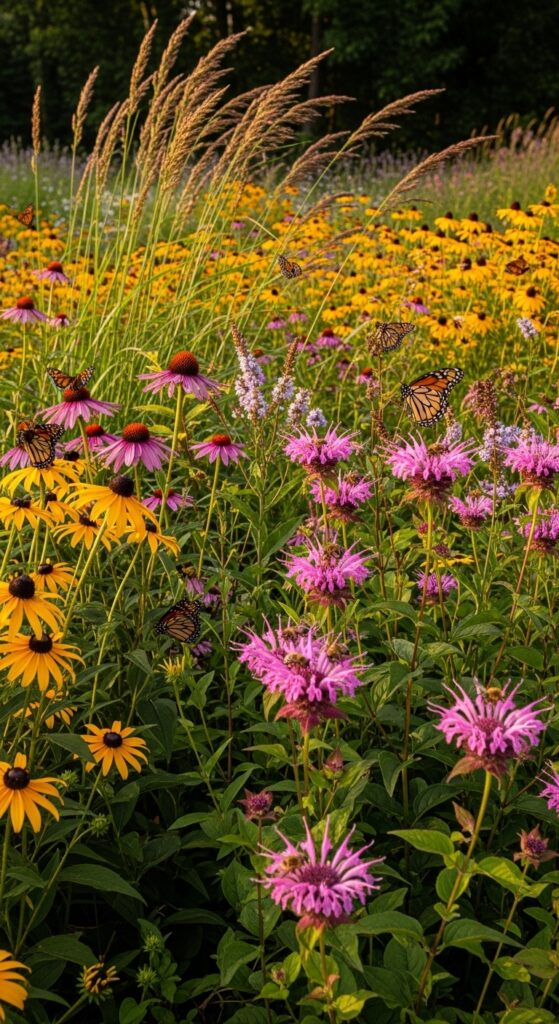 Natural pollinator meadow with mixed wildflowers and native grasses attracting butterflies