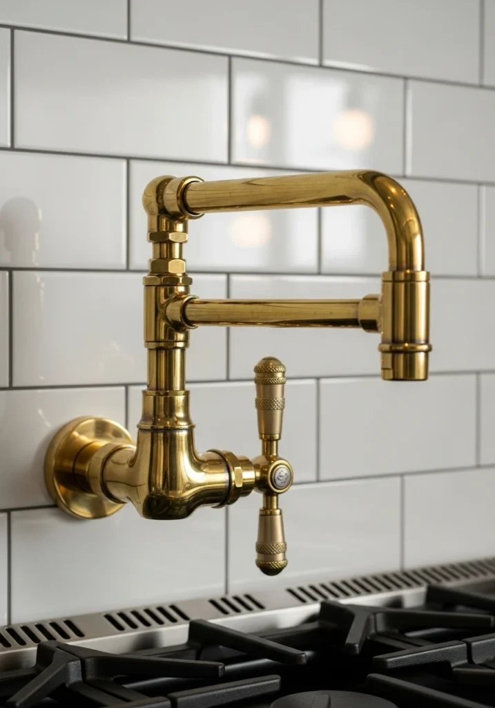Brass wall-mounted pot filler faucet above kitchen range