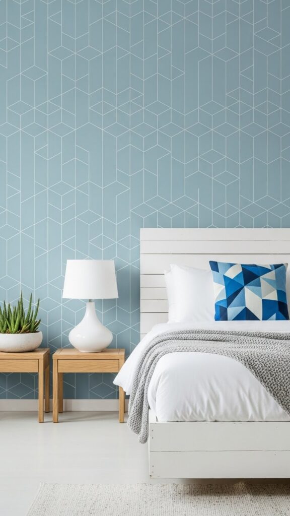 Powder blue geometric hexagon wallpaper in modern Scandinavian bedroom