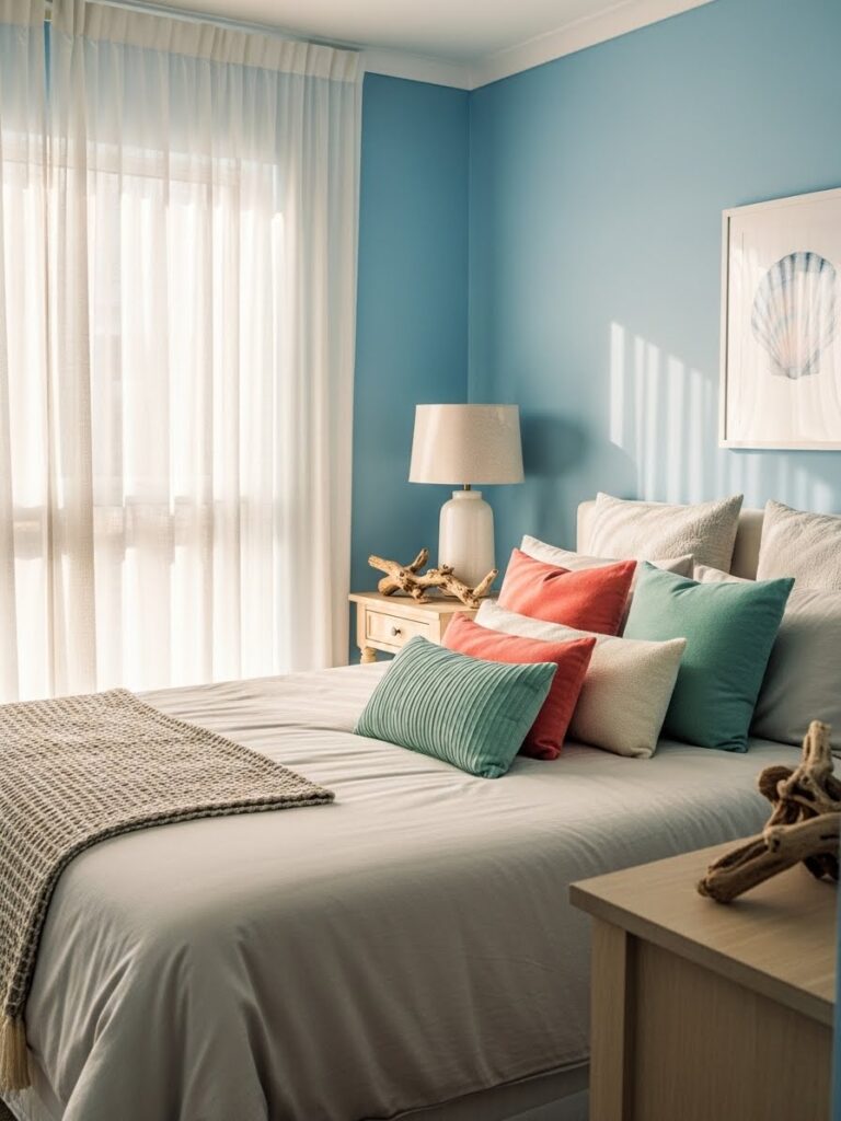 Powder blue and light beige bedroom with relaxed soft aesthetic