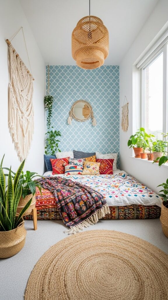  Powder blue Moroccan trellis accent wall in bohemian bedroom full room view