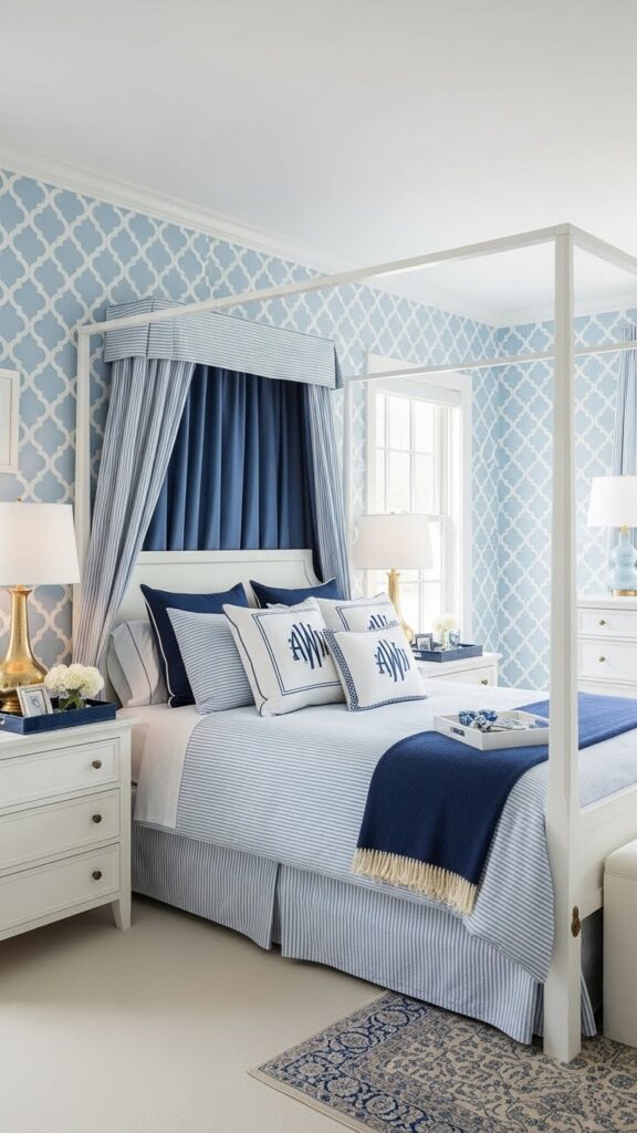Powder blue quatrefoil trellis wallpaper in classic preppy bedroom
