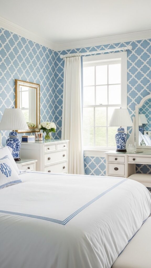 Powder blue quatrefoil trellis wallpaper in classic preppy bedroom