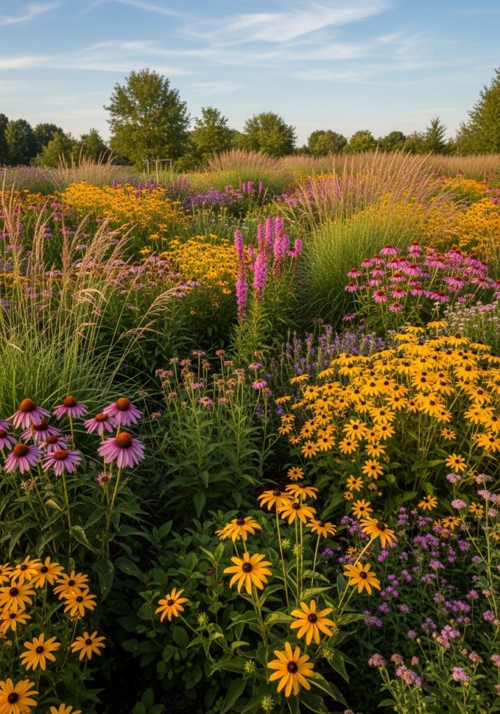 Prairie-style garden with native grasses and wildflowers in natural drifts


