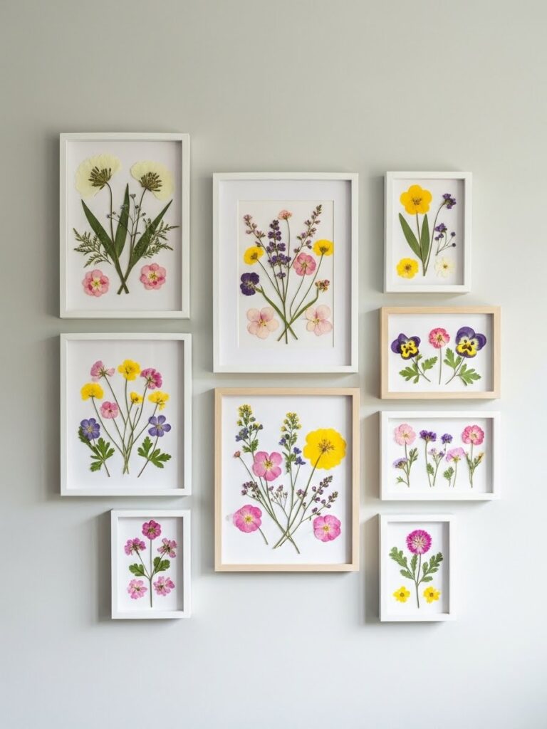 Pressed flower shadowbox art arranged on a wall creating a colorful spring botanical gallery indoors
