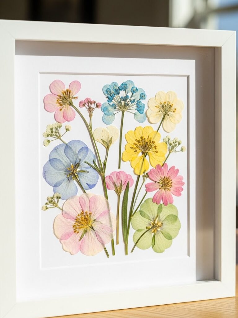Close-up of pressed spring flowers displayed inside a shadowbox frame for home wall decor