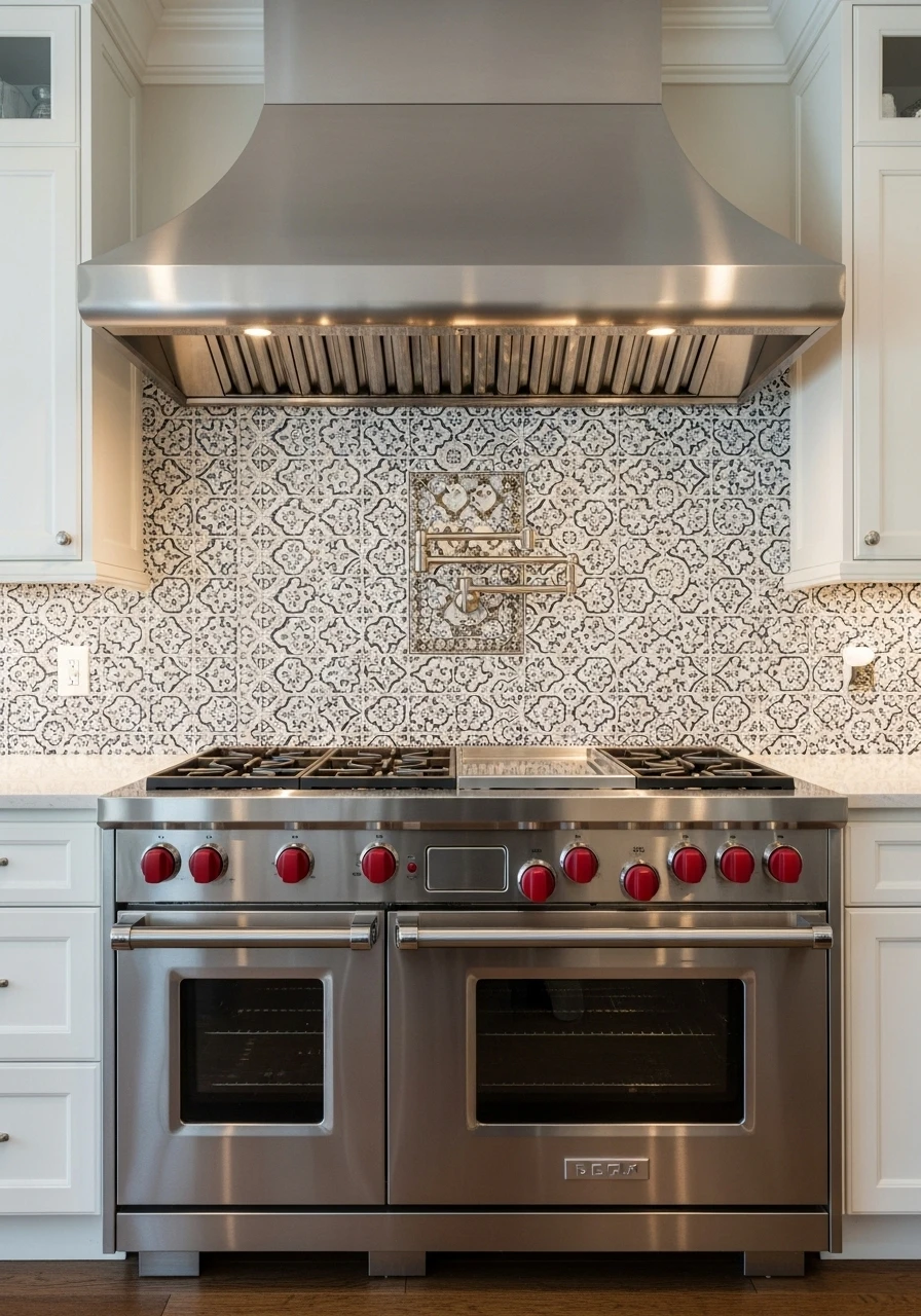 Professional-style stainless steel range as kitchen focal point with custom backsplash