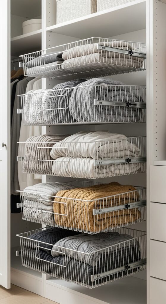 Pull-out wire baskets organizing sweaters and bulky clothing items