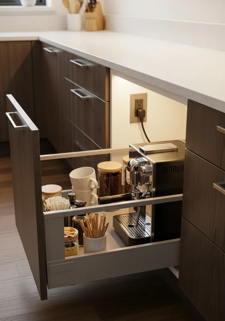  Pull-out kitchen drawer with built-in coffee maker and integrated electrical outlet

