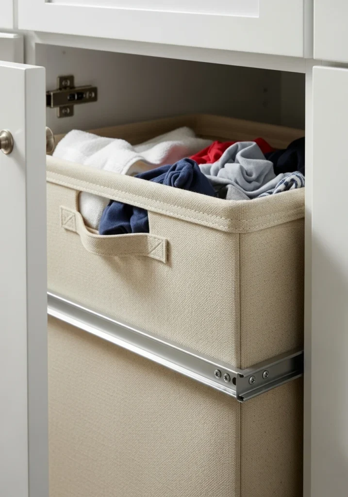 Pull-out hamper basket installed in lower cabinet