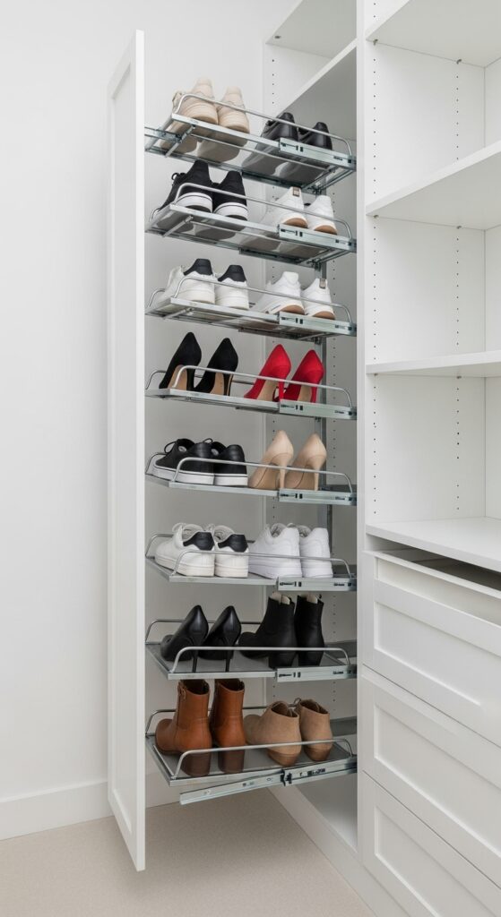 Pull-out shoe rack system organizing multiple pairs of shoes in closet
