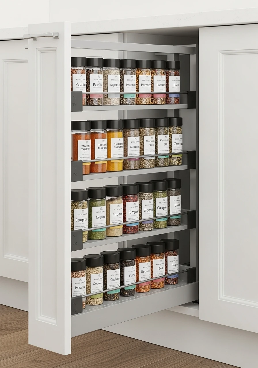 Kitchen pull-out spice rack drawer showing organized storage system