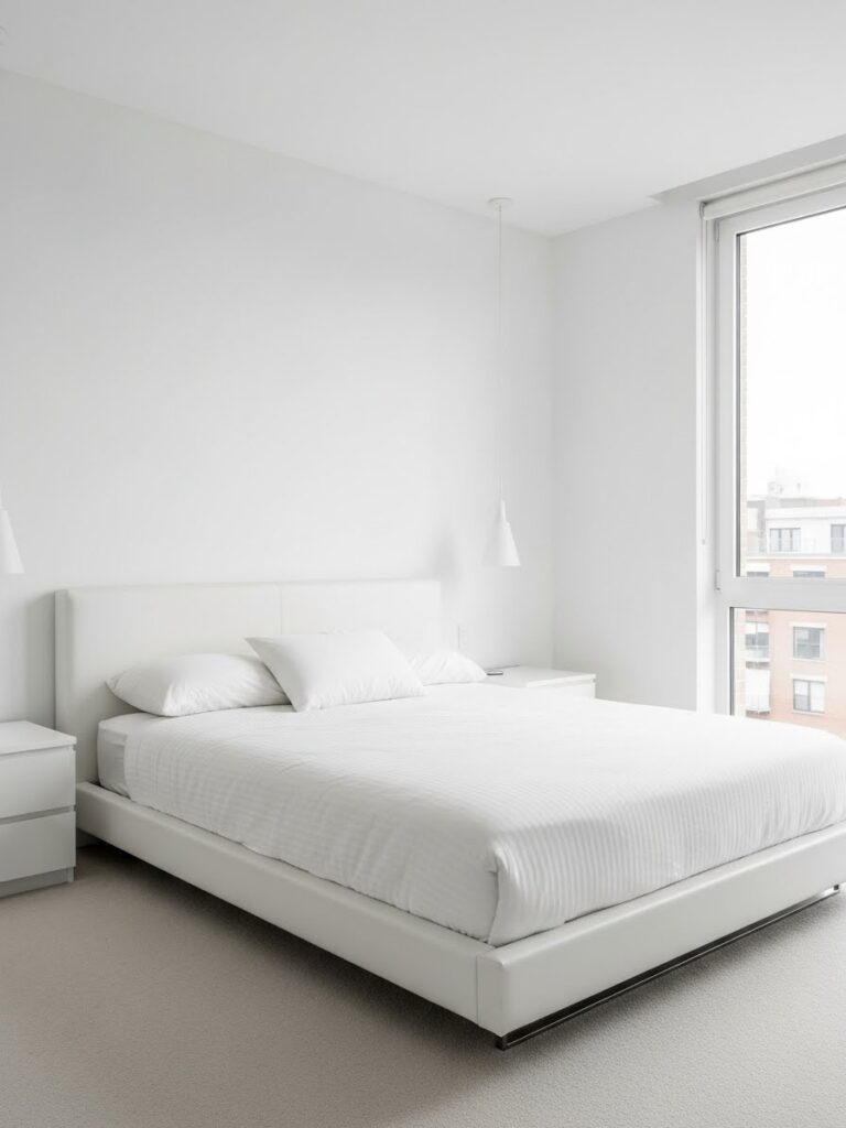Modern minimalist bedroom with Pure White paint creating crisp clean aesthetic with no undertones