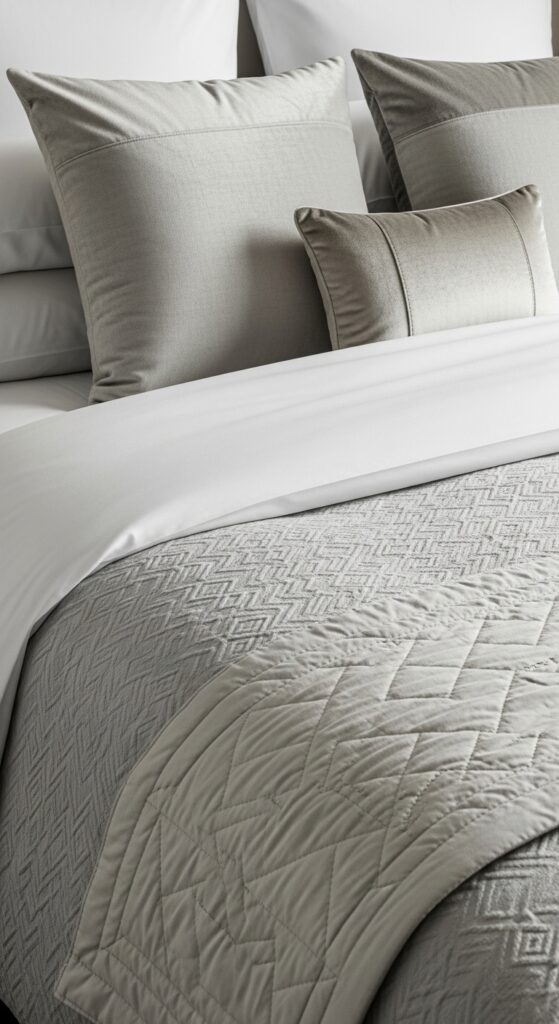 Close-up of luxury layered bedding with white sheets, textured duvet, and decorative pillows