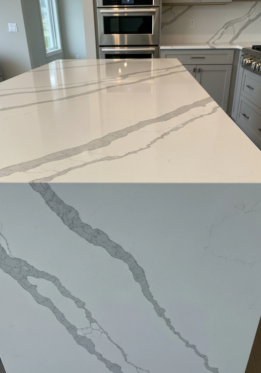 White quartz kitchen countertops with realistic marble-like gray veining