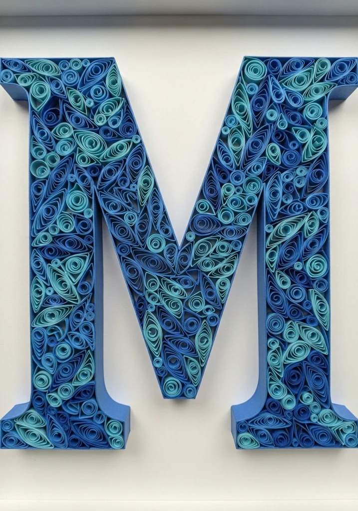 Quilled paper monogram letter M in blue tones framed in shadow box