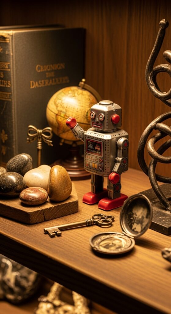 Quirky unique objects on shelf adding personal character and fun