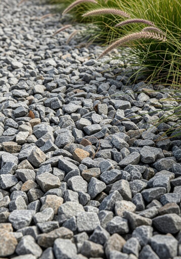 Railway ballast crushed stone creating industrial-style garden border