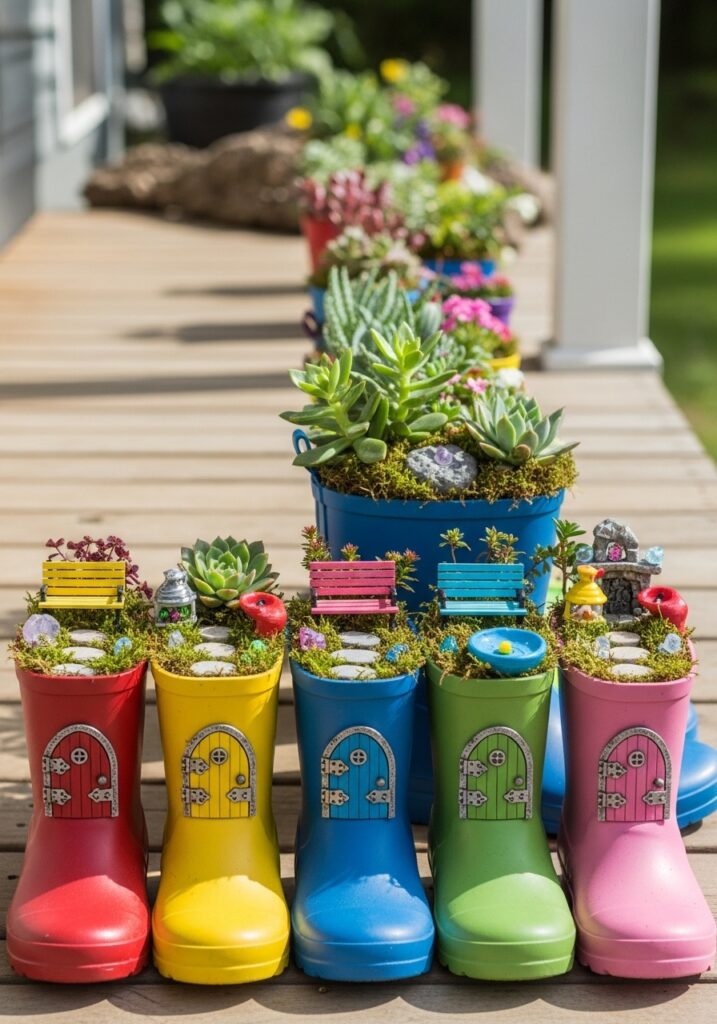 Colorful rain boots in row each containing different fairy garden