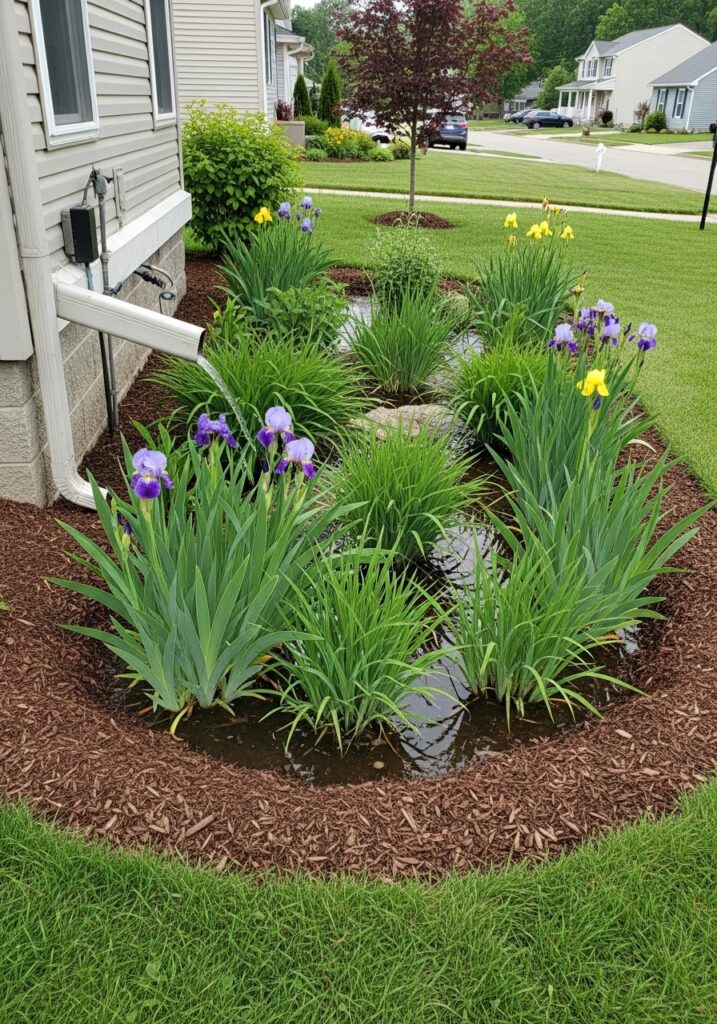 Rain garden design collecting runoff with water-tolerant native plants

