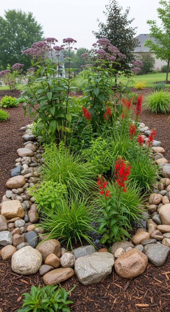 Rain garden with native moisture-loving plants designed to manage backyard drainage
