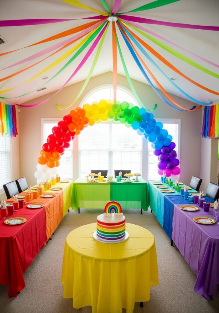 Rainbow bright baby shower with full spectrum decorations and colorful setup