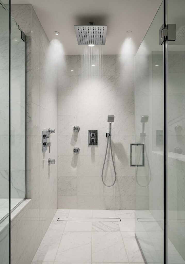 Luxury shower with rainfall showerhead and body spray jets