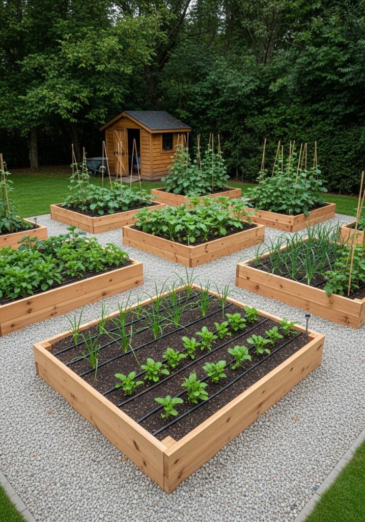 Organized raised bed kitchen garden with cedar beds and gravel pathways