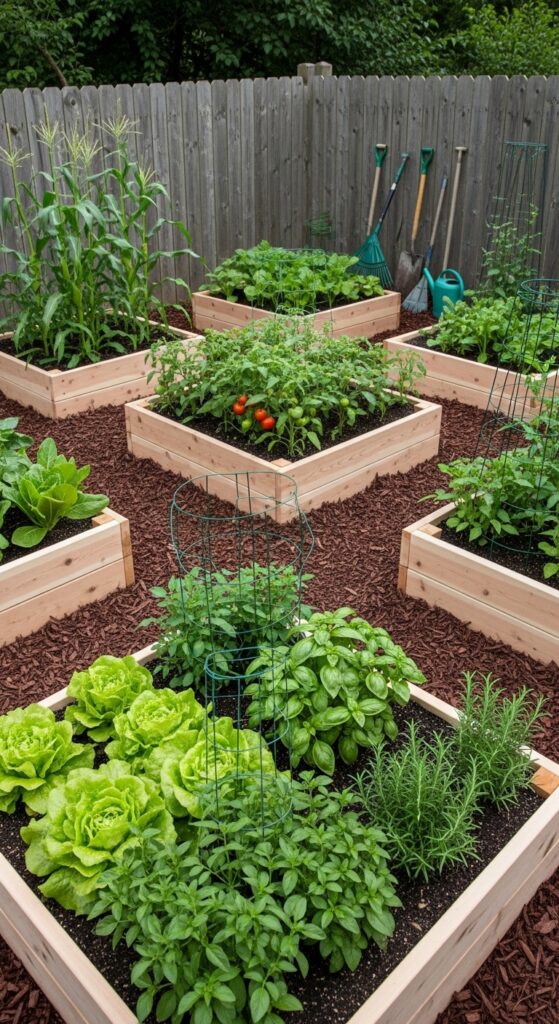 Cedar raised garden beds filled with vegetables and herbs in organized backyard layout