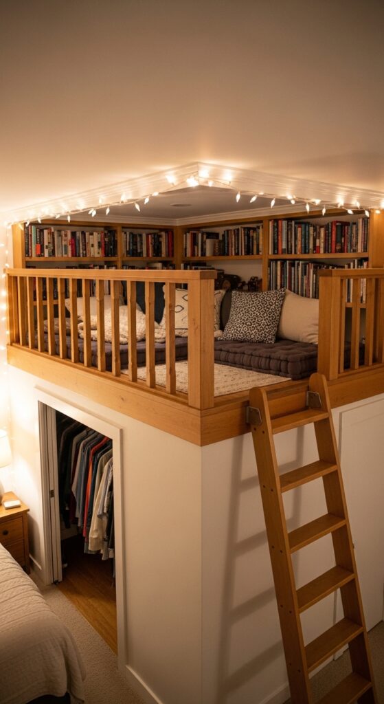  Elevated loft reading nook built above closet with ladder access and built-in bookshelves