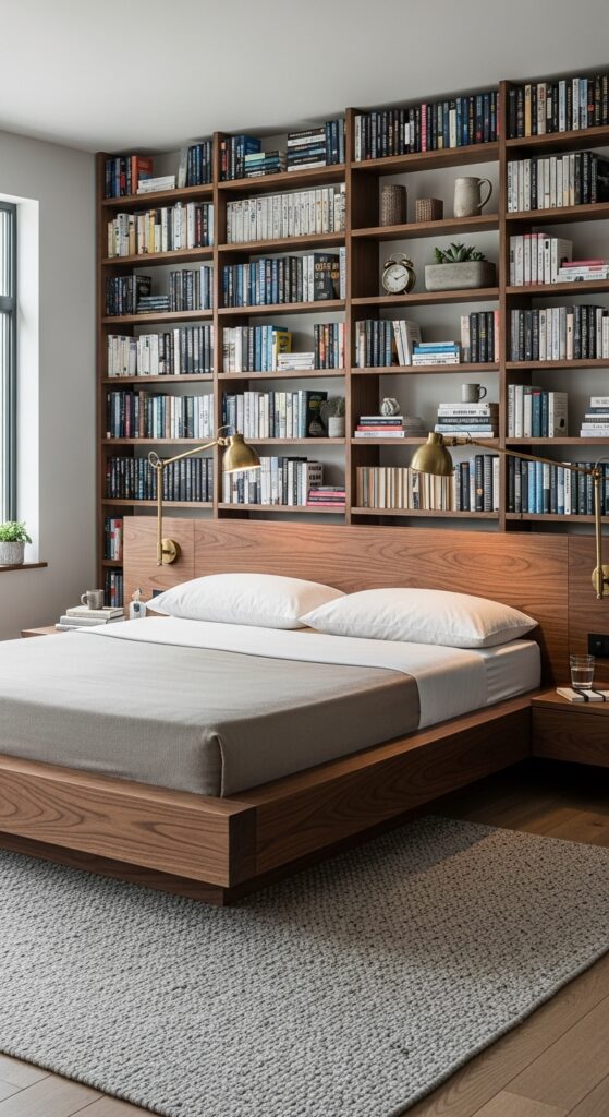 Platform bed with floor to ceiling built-in bookshelves surrounding headboard for bedtime reading