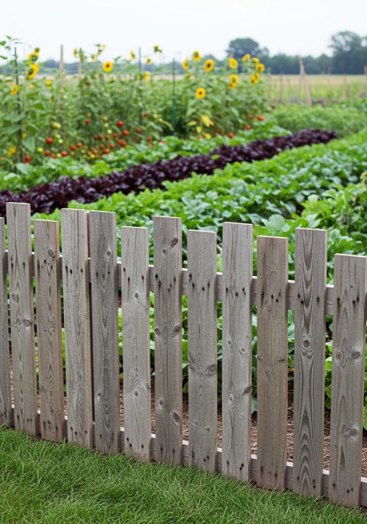 Reclaimed pallet wood creating rustic vertical picket garden border