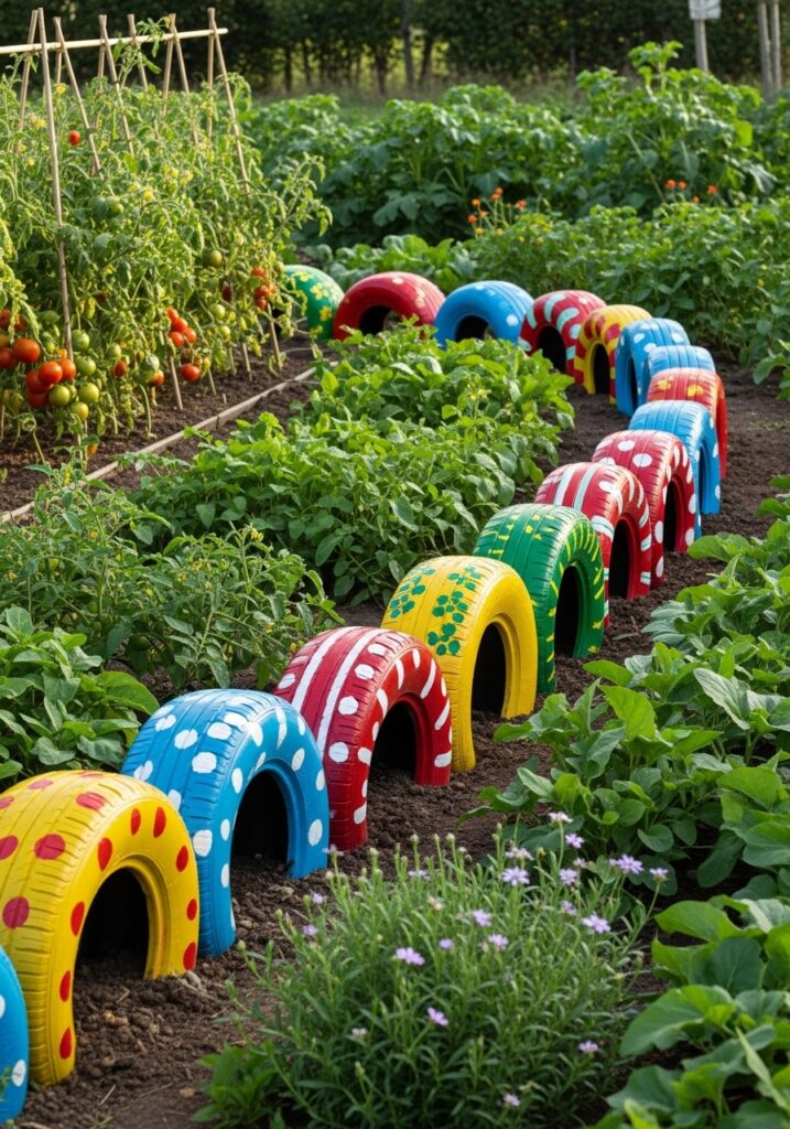 Colorful painted recycled tires creating whimsical upcycled garden border