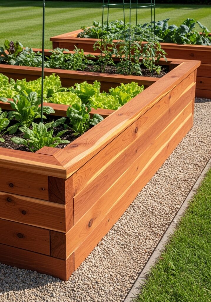  Redwood boards stacked to create raised California-style garden border