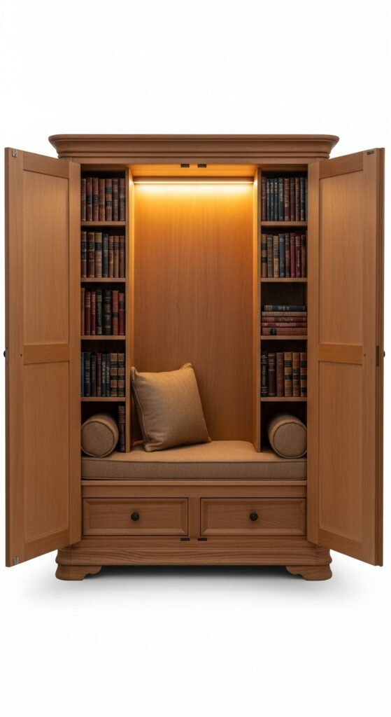  Vintage armoire converted to reading nook with interior cushioned seat and built-in book storage